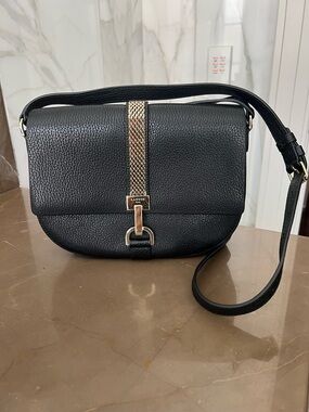 Lanvin Demi Lune Black Textured Leather Crossbody Bag with Gold Chain Detail
